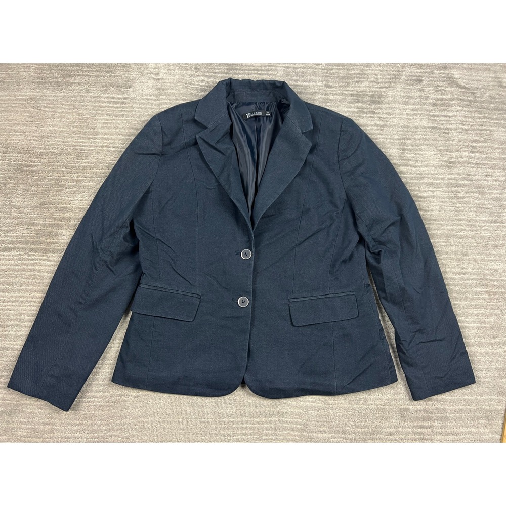 New York & Company Blazer Women 12 Navy Blue 7th Avenue Suiting Professional Dot